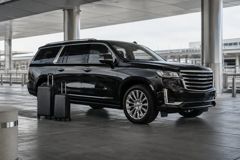 Black SUV and two suitcases at a generic airport approach