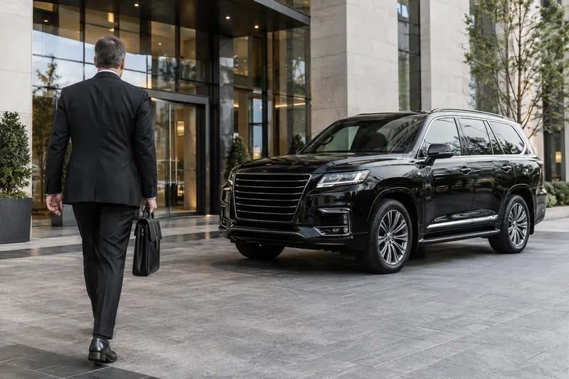 Anonymous business traveler approaching a black SUV outside a modern building